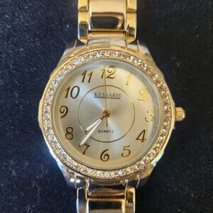 Kessaris Women's Gold Round Quartz Watch Diamond Accent With New Battery